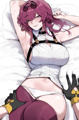 2girls arms_up big_breasts breasts curves curvy female female_only honkai:_star_rail honkai_(series) hoyoverse imminent_lesbian_sex kafka_(honkai:_star_rail) masoq095 mihoyo milf on_bed pov red_hair smile stelle_(honkai:_star_rail) tagme undressing_another wine_colored_hair yuri