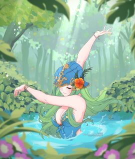 1girls alluring alternate_costume arms_up beautiful beautiful_girl bliss blissful blue_one-piece_swimsuit bracelet breasts cleavage closed_eyes dancing female fire_emblem fire_emblem:_path_of_radiance fire_emblem:_radiant_dawn flower forest green_hair hair_flower hair_ornament helmet jewelry leitz_acaroline long_hair medium_breasts nature nephenee_(fire_emblem) nintendo one-piece_swimsuit outdoors outside partially_submerged performance performing posing smile solo splashing sunlight swimsuit synchronized_swimming tree upper_body_focus water
