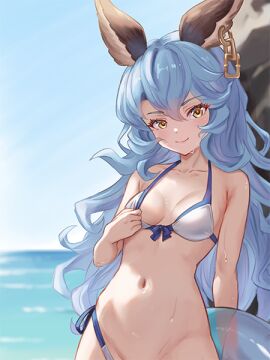 1girls animal_ears bikini blue_hair female ferry_(granblue_fantasy) granblue_fantasy long_hair ocean pool_tube pulling_bra rinsystem swimsuit