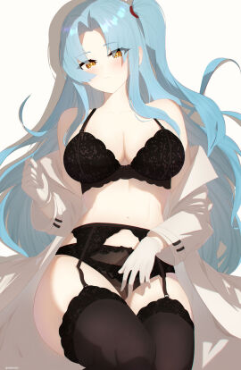 1girls angela_(lobotomy_corporation) artist_request black_lingerie black_stockings blue_hair female female_focus female_only frown garter_straps gloves labcoat lace lace-trimmed_bra lace-trimmed_panties lace-trimmed_thighhighs lace_trim lingerie lingerie_bra lingerie_panties lobotomy_corporation looking_at_viewer looking_down project_moon side_ponytail stockings white_gloves yellow_eyes