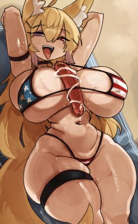 1girls american_flag_bikini big_breasts blonde_hair blush breasts female food food_between_breasts fox_ears fox_girl heterochromia hi_res huge_breasts kitsune legband light-skinned_female light_skin long_hair looking_at_viewer lying lying_on_back mayonnaise mole mole_under_eye narrowed_eyes naughty_face open_mouth original original_character purple_eyes red_eyes sausage sexually_suggestive smile smiling_at_viewer thick_thighs thigh_squish tongue tongue_out wide_hips zanamaoria