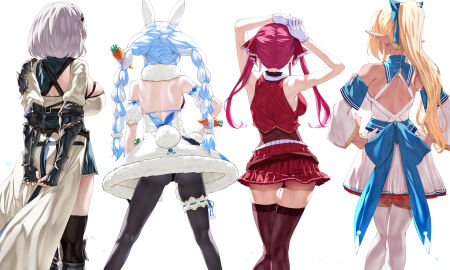 4girls animal_ears arm_garter armor arms_behind_back arms_up ass back backless_outfit bare_back bare_shoulders black_gloves black_leotard black_pantyhose black_thighhighs blonde_hair blue_hair blue_skirt bow bow_skirt braid breasts carrot_hair_ornament criss-cross_back-straps cropped_jacket dark-skinned_female dark_skin detached_sleeves elf facing_away fake_animal_ears feet_out_of_frame female fingerless_gloves food-themed_hair_ornament from_behind gloves hair_ornament hairbow hand_on_own_hip hands_on_own_hips high_ponytail highres hololive hololive_fantasy hololive_japan houshou_marine huge_breasts jacket large_breasts leotard leotard_under_clothes long_hair long_sleeves median_furrow medium_breasts miniskirt mole mole_on_breast multicolored_hair multiple_females multiple_girls panties pantyhose pantyshot pointy_ears ponytail rabbit_ears rabbit_tail red_jacket red_skirt shiranui_flare shiranui_flare_(1st_costume) shirogane_noel shirogane_noel_(1st_costume) shirt short_hair shoulder_blades sideboob sidelocks simple_background skirt skirt_set sleeveless sleeveless_jacket standing tail thigh_gap thighhighs thighs twin_braids twintails two-tone_hair uenoryoma underwear usada_pekora usada_pekora_(1st_costume) virtual_youtuber white_background white_bow white_gloves white_hair white_skirt white_sleeves white_thighhighs wide_sleeves