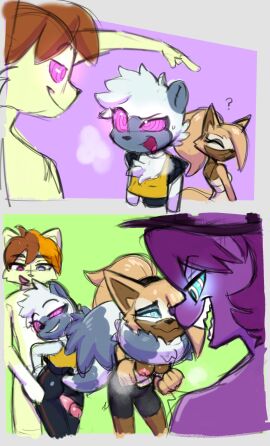 anthro black_bottomwear black_clothing black_pants bottomwear breasts brown_body brown_fur brown_hair canid canine canis clothing domestic_cat eye_contact felid feline felis female fur genitals glowhorn glowing glowing_eyes grey_body grey_fur group hair heterochromia hi_res humanoid_genitalia humanoid_penis hypnosis hypnotic_eyes idw_publishing lemur looking_at_another maffin_(kuro-freak) male male/female mammal mind_control multicolored_hair nipples orange_hair pants penis pink_eyes pink_nipples prehensile_tail primate purple_body purple_eyes purple_fur purple_hair ringed_eyes sega sex sonic_(series) sonic_the_hedgehog_(comics) sonic_the_hedgehog_(idw) sonic_the_hedgehog_(series) source_removed spice_spells strepsirrhine tail tan_hair tangle_the_lemur thigh_sex topwear two-tone_hair whisper_the_wolf white_body white_fur white_hair wolf yellow_clothing yellow_topwear