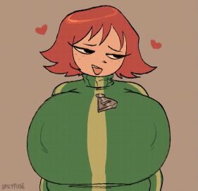 1girls animated big_breasts black_eyes blinking bouncing_breasts breasts closed_eyes clothed female freckles heart jacket kim_pine light-skinned_female light_skin nipple_bulge red_hair scott_pilgrim short_hair solo solo_female spicyfuse sweater