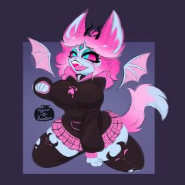 3_eyes blue_body blue_eyes breasts cat_ears cat_girl cat_tail catgirl demon demon_girl demon_horns emberlynn_pinkle emberlynn_pinkle_(demon_form) eyeshadow female furry helluva_boss hoodie large_breasts monster_girl multi_eye nyan_o_lantern_(artist) open_mouth pink_hair pink_sclera plaid_skirt sharp_teeth skirt thick_thighs thighhighs thighs wings