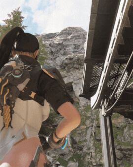 3d animated armor ass black_hair bodysuit breasts bunny_(the_first_descendant) bunny_(ultimate_bunny) clothing day female female_only from_behind gloves leotard long_hair low_resolution outdoors ponytail sky solo the_first_descendant tied_hair tree weapon