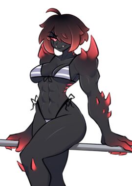 1girls 2024 abs ahoge bikini borrowed_character breasts carpinchor claws female grey_bikini looking_at_viewer monster_girl muscular muscular_female original pink_eyes red_hair red_sclera scar scar_across_eye short_hair side-tie_bikini slash_(feitneo) spikes_(anatomy) striped_bikini tagme thighs tusks