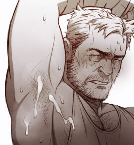 1boy arm_up armpit_fetish armpit_hair armpits asd4486 bara beard blush chest_hair cum cum_on_armpits cum_on_body facial_hair hairy implied_yaoi large_pectorals male male_focus male_only marvel marvel_comics mature_male monochrome muscular muscular_male pectorals presenting_armpit short_hair solo sweat teeth wolverine_(x-men) x-men yaoi