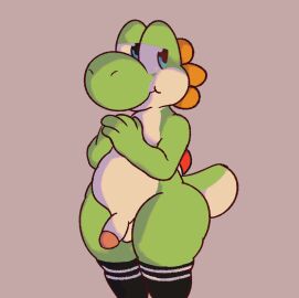 anthro balls clothed dinim femboy genitals green_body hi_res legwear looking_at_viewer male mostly_nude penis shy smile solo standing tail thick_thighs yoshi