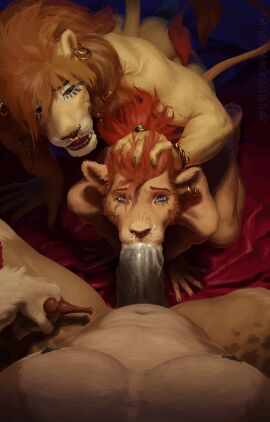 absurd_res anthro bodily_fluids claws cum cum_from_nose cum_in_mouth cum_in_nose cum_inside digital_drawing_(artwork) digital_media_(artwork) ear_piercing ear_ring erection facial_piercing felid finger_claws first_person_view fur genital_fluids genitals group hair hi_res lion male mammal mickey_the_retriever navel nose_piercing nose_ring oral pantherine penis piercing ring_piercing tail teeth