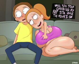 1boy 1girls 2d 2d_(artwork) 2d_artwork adult_swim ass breasts brother brother_and_sister english english_text female groping groping_breasts hair huge_breasts incest male morty_smith older_sister on_couch rick_and_morty seductive sister spakka5 summer_smith tagme younger_brother younger_brother_and_older_sister