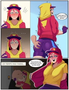 1girls blue_eyes brawl_stars ceo_of_lizards comic female light-skinned_female light_skin max_(brawl_stars) red_hair spanish_text streetwear_max tagme text