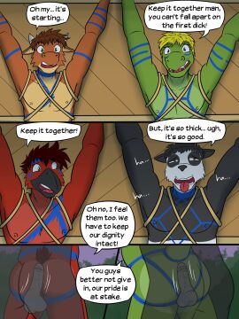 3:4 anthro ass avian balls bear bird bodypaint bondage bound bovid bovine bruno_(texnatsu) cattle cody_(texnatsu) comic crocodile crocodilian dialogue disembodied_penis duo english_text erection fuze genitals giant_panda group half-closed_eyes harold_(texnatsu) hi_res hot_dogging looking_pleasured male male/male mammal narrowed_eyes nipples nude penis reptile restraints rope rope_bondage rope_harness scalie sex speech_bubble standing standing_sex texnatsu text through_wall tongue tongue_out translucent translucent_body ty_conrad