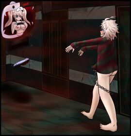absurdres barefoot big_breasts blackwidowx blonde_hair blush bottomless breasts bulge corruption cum danganronpa danganronpa_another_episode dildo drool erection femdom happy_trance hypnosis hypnotic_breasts junko_enoshima large_breasts leash malesub nagito_komaeda penis precum sex_toy spiral_eyes spoilers symbol_in_eyes tongue tongue_out twintails vibrator white_hair zombie_walk