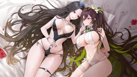2girls arms_behind_back barely_clothed barely_contained bed bed_sheet belly_button bikini black_hair black_nail_polish black_nails blush breasts cleavage dora_(garyeong) female flower flower_in_hair goddess_of_victory:_nikke green_hair guilty_(nikke) guilty_(wave_of_disbelief)_(nikke) hi_res high_resolution highres hips holding_chin huge_breasts key key_necklace large_breasts lipstick long_hair maiden_(nikke) maiden_(under_the_sun)_(nikke) massive_breasts multiple_females multiple_girls neck_restraint necklace on_back ponytail purple_eyes pussy red_eyes restrained_wrists restraints rose shaved_crotch shaved_pussy sideboob skindentation sunglasses sunglasses_on_head swimsuit tanline tanlines thick_thighs thighs