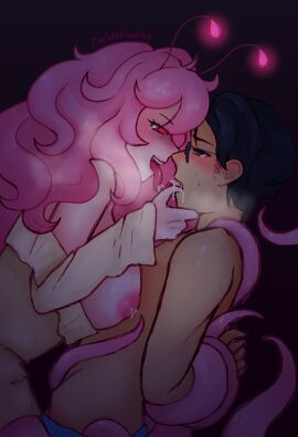 antennae blush breasts brown_eyes couple dark_hair dominant_female domination drooling eyes_visible_through_hair female femdom glasses hands_tied huge_breasts inverted_nipples lactating lactation large_breasts light-skinned_female light_skin long_tongue looking_at_partner male original original_characters pale-skinned_female pale_skin pink_eyes pink_hair pixelatedsweet scylla straight tan_skinned_male tentacle thumb_in_mouth tongue tongue_kiss tongue_out