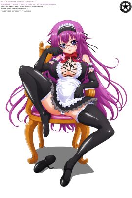 1girls 2015 akiranyo alpha_channel anime_nose arm_gloves armbands artist_logo artist_name black_dress black_gloves black_stockings blue_eyes blush breast_window breasts character_name english_text female female_only for_sticker_use glasses hair_ribbons hand_on_cheek hand_on_lap hariyama_kiriha holding_condom human leg_up long_hair magenta-haired_female magenta_hair maid_cap maid_costume maid_uniform no_visible_genitalia one_shoe_on panty_peek pink_condom_packet playful_face red_glasses round_glasses sexy_maid shiny_skin shiny_stockings shoe_off sitting sitting_on_chair sticker_template text thigh-high_stockings tongue tongue_out transparent_background transparent_png tsun_tsun_maid_wa_ero_ero_desu vector_trace white_apron wood_chair work_name