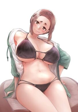 bikini black_bikini breasts brown-haired_female brown_hair female green_jacket kaii_to_otome_to_kamikakushi large_breasts looking_at_viewer nj_kilroy nujima solo sumireko_ogawa