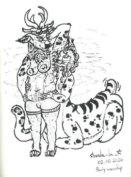 anthro antlers armpit_fetish armpit_hair armpit_sniffing belly body_hair breasts deer duo eyewear felid feline female futanari glasses hi_res horn hybrid inktober inktober_2024 intersex kinktober kinktober_2024 lynx mammal matylda_(struskawka) monochrome musk musk_clouds nub_tail pantherine sagging_breasts slightly_chubby sniffing snow_leopard struskawka struskawka_(struskawka) taur traditional_media_(artwork) tuft