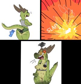 2023 4_fingers 5_fingers amber_(squablodecomplash) angry anthro areola arms_at_sides ass bra breasts burnt_clothing butt_slap clothing comic countershade_butt countershade_neck countershade_tail countershade_torso countershading crossed_arms disembodied_hand emanata english_text erect_tail exploding_clothing explosion female fingers front_view genitals green_body green_clothing green_panties green_scales green_underwear grey_bra grey_clothing grey_sports_bra grey_underwear hi_res horn innie_pussy kobold legs_together looking_away markings medium_breasts navel nipples open_mouth panties pussy rear_view scales scalie side_boob simple_background slap solo soot spiked_tail spikes spikes_(anatomy) sports_bra squablodecomplash standing surprised_expression tail teeth text thick_thighs thigh_gap tongue torn_clothing underwear white_background wide_hips yelling