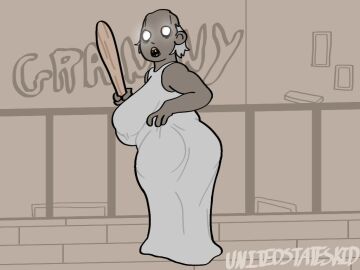 1girls ass back_view baseball_bat big_ass big_breasts big_butt breasts clothed clothed_female clothing dress dvloper female female_only gilf granny:_game_(series) granny_(character) granny_(game) horror_game indoors looking_back mature mature_female nightmare_waifu no_pupils old_woman open_mouth solo solo_female solo_focus unitedstateskid_(artist)