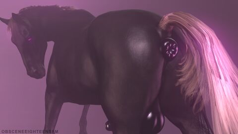 3d absurd_res anus balls big_balls black_body digital_media_(artwork) equid equine feral genitals glistening glistening_body hi_res horse looking_at_viewer looking_back male mammal obsceneeighteensfm penis puffy_anus raised_tail seductive simple_background solo tail teasing