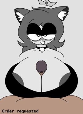 beat_banger bell black_and_white breasts breasts_bigger_than_head cat_ears cat_girl catgirl female fnf_modders fnf_mods friday_night_funkin friday_night_funkin_mod grey_body mallory_(theshipysea) necklace neko nipple_slip oc ocs original_character original_characters paizuri shipy silly_face the_shipy_sea titjob toriel_beat_banger twitter_user_oc