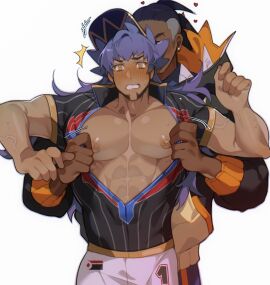 2boys chariko dark-skinned_male dark_male_only dark_skin gay human human_only leon_(pokemon) male male_focus male_only nintendo pinching_nipples pokemon pokemon_ss raihan_(pokemon) yaoi