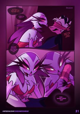 absurd_res anthro arm_tuft avian beak big_breasts big_penis bird bird_demon blindfold breasts cheek_tuft chest_tuft chromaticmood clothing comic demon dialogue directional_arrow duo english_text eyelashes facial_tuft female galliform genitals hair helluva_boss hi_res horn humanoid imp leotard licking long_hair male male/female oral peafowl peafowl_demon penile penis penis_lick phasianid profanity pubes questionable_consent sex short_hair shoulder_tuft stella_(helluva_boss) striker_(helluva_boss) text tongue tuft url