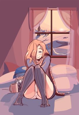 animated asshole_visible_through_clothes bed bed_sheet bedroom blue_eyes blush blush_lines blushing_at_viewer fart fart_cloud fart_fetish female hair_over_one_eye happy_female heart heart_symbol hearts_around_head hot_chocolate orange_hair pepperspotsunshine scarf seductive_look smile snowy_background stockings thick_thighs upskirt white_panties