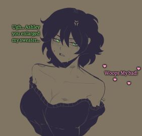 2girls andrew_graves ashley_graves big_breast black_hair black_sweater breasts english_text female genderswap genderswap_(mtf) green_eyes hickey_marks izouumi rule_63 solo_focus sweat sweatdrop sweater text the_coffin_of_andy_and_leyley