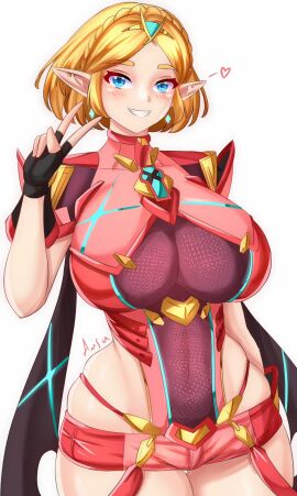 1girls alternate_breast_size anisdrawn blonde_hair breasts female high_resolution huge_breasts light-skinned_female light_skin nintendo princess_zelda pyra_(cosplay) short_hair simple_background smile tears_of_the_kingdom the_legend_of_zelda thick_thighs wide_hips xenoblade_(series) xenoblade_chronicles_2 zelda_(tears_of_the_kingdom)