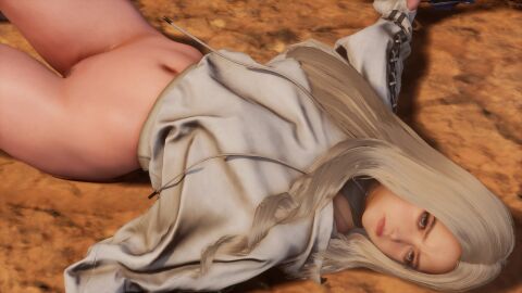 ai_character angry artificial_intelligence bottomless female female_pubic_hair hoodie looking_at_viewer mother_sphere_(stellar_blade) on_back pubic_hair screenshot solo_female stellar_blade stellarboi sword video_games white_hair