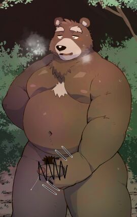 2024 anthro arufina_w bear belly big_belly bodily_fluids brown_body brown_fur closed_eyes detailed_background erection fur genitals hi_res humanoid_hands kemono male mammal masturbation moobs navel night nipples outside overweight overweight_male penis plant pubes solo sweat tree