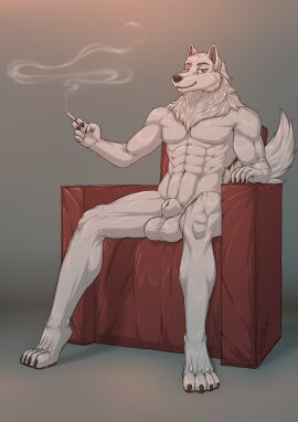absurd_res animal_genitalia anthro balls canid canine canis chair cigarette eye_scar facial_scar full-length_portrait furniture genitals heterochromia hi_res looking_at_viewer male mammal munsu89 muscular nude portrait scar sheath sitting smoke smoking smoking_cigarette solo spread_legs spreading wolf