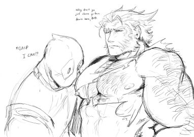 2boys arm_hair baimonbluewhale blush deadpool english_text gay hairy hairy_male large_pectorals logan_(x-men) looking_at_pecs male marvel marvel_comics mask muscles muscular muscular_male nipples pectorals torn_clothes wade_wilson wolverine_(x-men) x-men yaoi