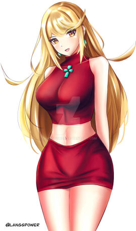 1girls blonde_hair breasts core_crystal crop_top earrings female langspower large_breasts long_hair looking_at_viewer midriff mythra navel nintendo red_crop_top red_skirt skirt xenoblade_(series) xenoblade_chronicles_2 yellow_eyes