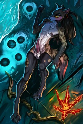 1boy anthro balls bow_(weapon) brown_body brown_fur erection felid feline femboy fur genitals green_eyes grey_body grey_fur hi_res johnfoxart khajiit looking_at_viewer lying male male_only mammal microsoft nahs-jo_(johnfoxart) navel nipples nude on_back paws penis ranged_weapon solo the_elder_scrolls weapon white_body white_fur yellow_sclera