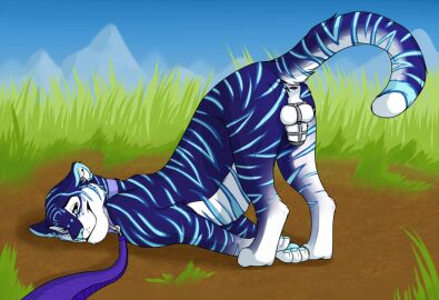 anatomically_correct anatomically_correct_genitalia animal_genitalia anus ass ass_up balls beckoning bedroom_eyes bent_over blue_body blue_fur blush caraluca chastity_cage chastity_device collar digital_drawing_(artwork) digital_media_(artwork) felid feline feline_genitalia feral first_person_view fully_sheathed fur genitals gesture grass inviting leash leashed_collar leashing_pov looking_at_viewer male male_only mammal mekell narrowed_eyes on_ground outside pantherine pawpads paws perineum plant presenting presenting_hindquarters raised_tail seductive sheath smile smiling_at_viewer solo striped_body striped_fur stripes tail tiger