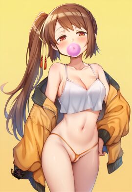 ai_generated artist_logo brown_eyes brown_hair bubble_gum hi_res hourglass_figure jacket madoka_worship magia_record:_mahou_shoujo_madoka_magica_gaiden magical_girl mahou_shoujo_madoka_magica medium_breasts panties ponytail puella_magi_madoka_magica pussy_peek seductive side_ponytail simple_background thong topwear wide_hips yui_tsuruno
