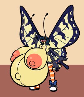 accessory antennae_(anatomy) anthro areola arthropod belly big_areola big_belly big_breasts big_nipples black_hair breasts butterfly clothing eyewear female footwear genitals gesture glasses hair hair_accessory hand_gesture hi_res huge_areola huge_belly huge_breasts hyper hyper_belly hyper_breasts hyper_pregnancy insect_wings insects legwear lepidopteran lepidopteran_wings multi_arm multi_limb multicolored_eyes navel nipples non-mammal_breasts outie_navel pattern_clothing pattern_legwear pattern_stockings pink_nipples pregnant pregnant_female puffy_nipples pussy shoes simple_background sneakers solo sprucy stockings striped_clothing striped_legwear striped_stockings stripes two-tone_eyes v_sign wings yellow_body