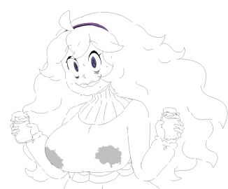 2010s 2016 cassettedream dream-cassette female game_freak headband hex_maniac hoshime lactating lactation lactation_through_clothes line_art long_hair milk milk_stain minimal_color nervous_smile pokemon pokemon_xy purple_eyes sweater_dress sweating swirly_eyes