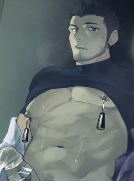 1boy abs absurdres bara bare_pectorals beard_stubble black_hair breath clothes_lift condom condom_on_penis cowboy_shot erection facial_hair girthy_penis goburin_second highres large_pectorals light_blush looking_at_viewer male male_focus male_only mature_male medium_sideburns muscular muscular_male navel nipple_piercing nipples original paid_reward_available pectorals penis piercing sex_toy shirt_lift short_hair solo stubble sweat thick_eyebrows torogao very_sweaty vibrator vibrator_on_penis yaoi