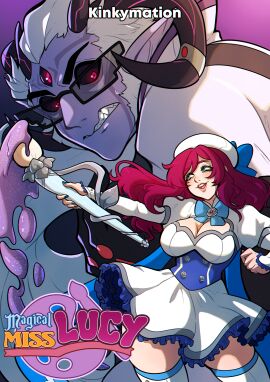 1boy 1girls 3_eyes angry big_breasts black_sclera blue_eyes breasts comic_cover demon demon_boy demon_horns dress english_text female glasses hi_res horns jacques_(kinkymation) kinkymation long_hair magic_staff magical_girl male milf miss._lucy_(kinkymation) multi_eye original original_characters pointy_ears purple_hair purple_skin red_eyes sharp_teeth smile teeth_clenched text white_hair