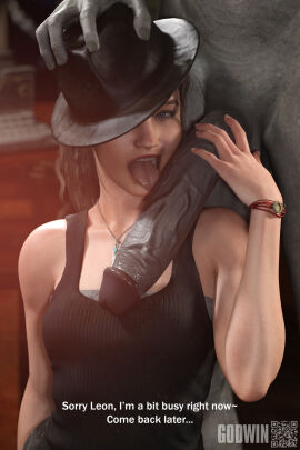 3d big_cock big_penis blue_eyes breasts brown_hair caption claire_redfield clothed cuckold fedora female fit fit_male godwin grey_skin hat holding_head huge_cock licking licking_penis light_skin looking_at_viewer male mr_x neroxliv nude nude_male penis ponytail resident_evil resident_evil_2 resident_evil_2_remake size_difference small_breasts subtitled tagme tank_top thick_penis uncensored veiny_penis