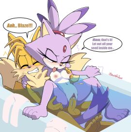 1boy 1girls 2_tails anthro anthro_on_anthro blaze_the_cat cum cum_in_pussy cum_inside female fur furry furry_only male miles_tails_prower sega senshion sonic_(series) sonic_the_hedgehog_(series) straight tails_the_fox vaginal_penetration