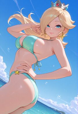 1girl 1girls ai_generated aqua_bikini ass bangs bare_shoulders beach bikini blonde_hair blue_eyes blue_sky breasts cloud cowboy_shot crown day earrings gem green_bikini hand_on_hip jewelry large_breasts lips long_hair looking_at_viewer mario_(series) ocean outdoors owari_wan princess_rosalina rosalina sky smile solo star_(symbol) star_earrings super_mario_galaxy swimsuit twisted_torso water