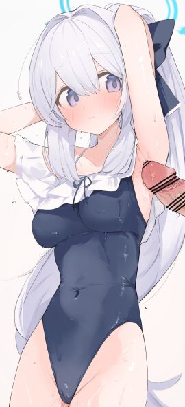 1boy armpits arms_behind_head bar_censor bare_arms bare_legs bare_shoulders black_one-piece_swimsuit blue_archive blue_halo blush breasts cameltoe casual_one-piece_swimsuit censored closed_mouth collarbone covered_navel covered_nipples cowboy_shot female frilled_one-piece_swimsuit frills grey_hair hair_between_eyes halo highres long_hair male medium_breasts mikozin miyako_(blue_archive) miyako_(swimsuit)_(blue_archive) off-shoulder_one-piece_swimsuit off_shoulder official_alternate_costume official_alternate_hairstyle one-piece_swimsuit open_mouth penis ponytail purple_eyes pussy simple_background solo_focus sweaty_armpits swimsuit white_background