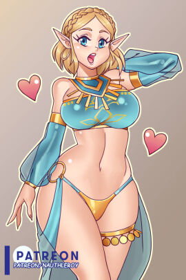 1girls belly_dancer_outfit blonde_hair blue_eyes breasts crown_braid dancer_outfit detached_sleeves earrings female gerudo_outfit harem_outfit hoop_earrings large_breasts looking_at_viewer midriff nauth nauth_le_roy navel nintendo princess_zelda short_hair tears_of_the_kingdom the_legend_of_zelda thigh_strap zelda_(tears_of_the_kingdom)