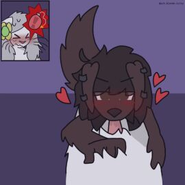 accessory anthro ashblondekittyy blush bodily_fluids bomb brown_body brown_fur brown_hair canid canine canis domestic_cat domestic_dog duo ear_piercing explosives felid feline felis fellatio first_person_view floppy_ears flower flower_in_hair fur genitals green_eyes grey_hair hair hair_accessory hand_on_belly hand_on_hip heart_symbol imminent_orgasm looking_up_at_partner male mammal oral penile penis piercing plant rex_(ashblondekittyy) romantic romantic_couple saliva saliva_on_penis sex trans_man trans_woman transfem transmasc whiskers white_body white_fur yuna_(ashblondekitty)